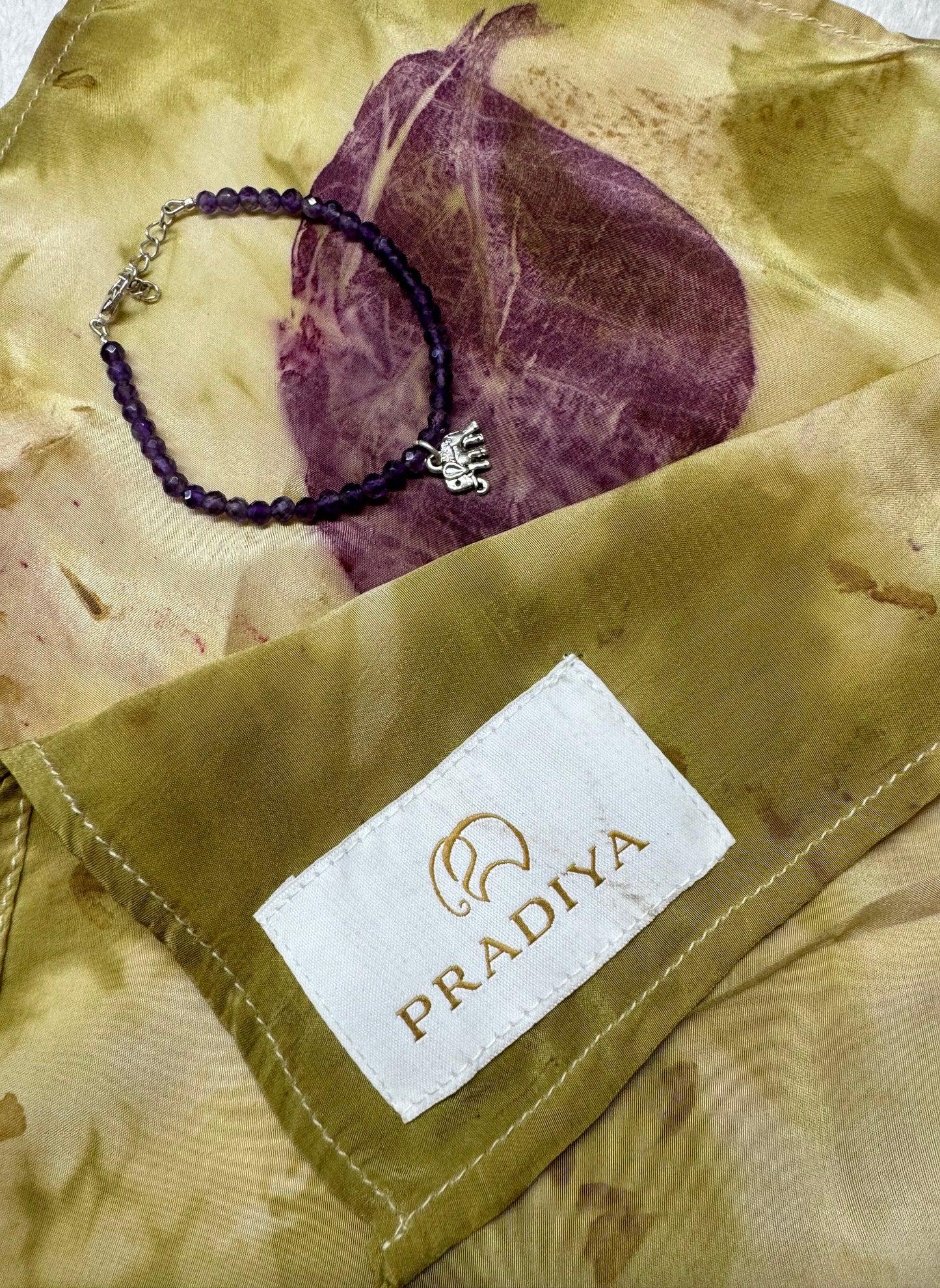 Gift set Eco Print Scarf Green & Amethyst Bracelet