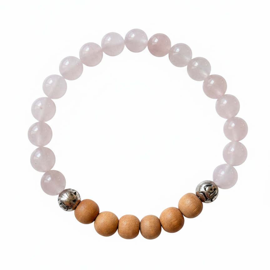 Blossom of compassion - Mala Armband: Rosenquartz und Sandelholz