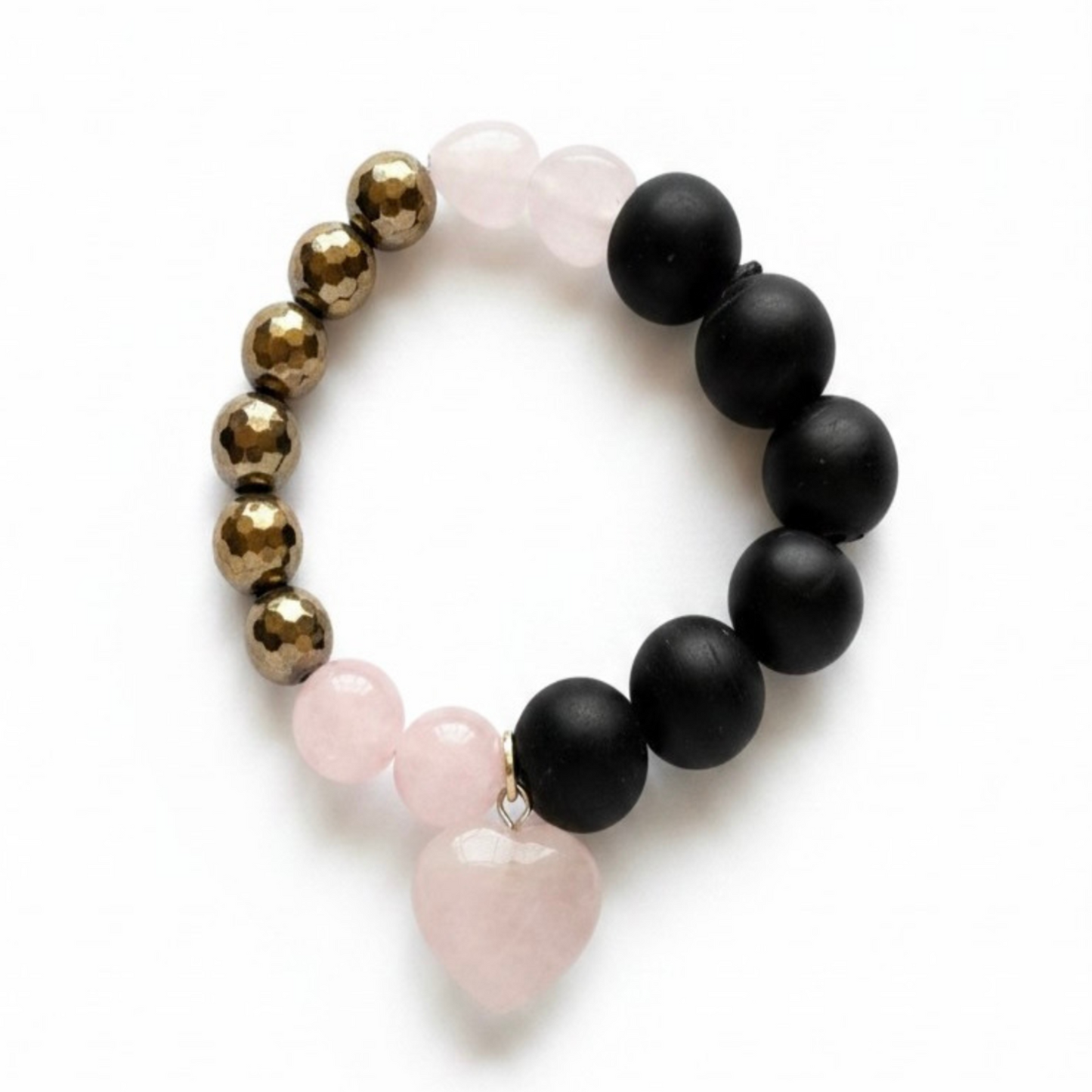 Mala Armband Rosenquarz Goldpyrit Ebenholz – Herz & Stärke