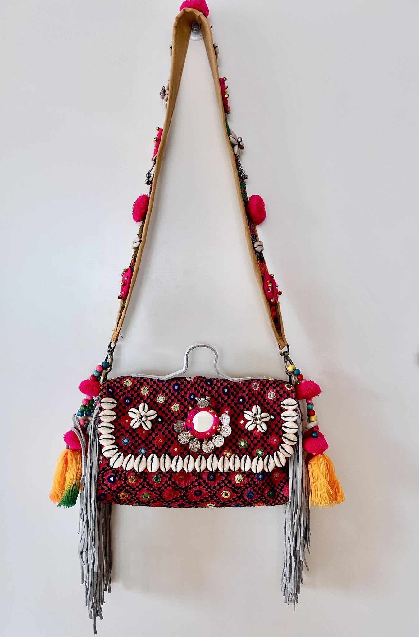 Boho Queen – Pink upcycled handbag with embroidery, mirrors & cowrie shells