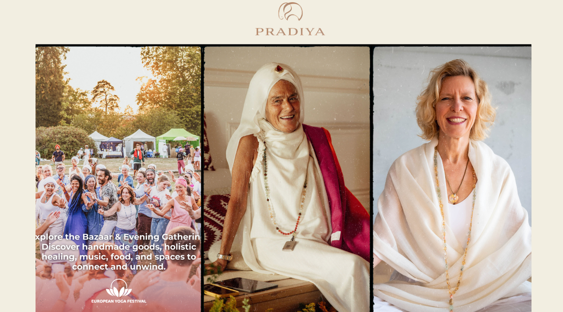 DE: PRADIYA Pavilion beim European Yoga Festival 2026 in der Loire Valley — mit Kundalini Yoga Produkten, Angora-Schals und Karas EN: PRADIYA pavilion at European Yoga Festival 2026 in Loire Valley with Kundalini Yoga products, angora shawls and karas