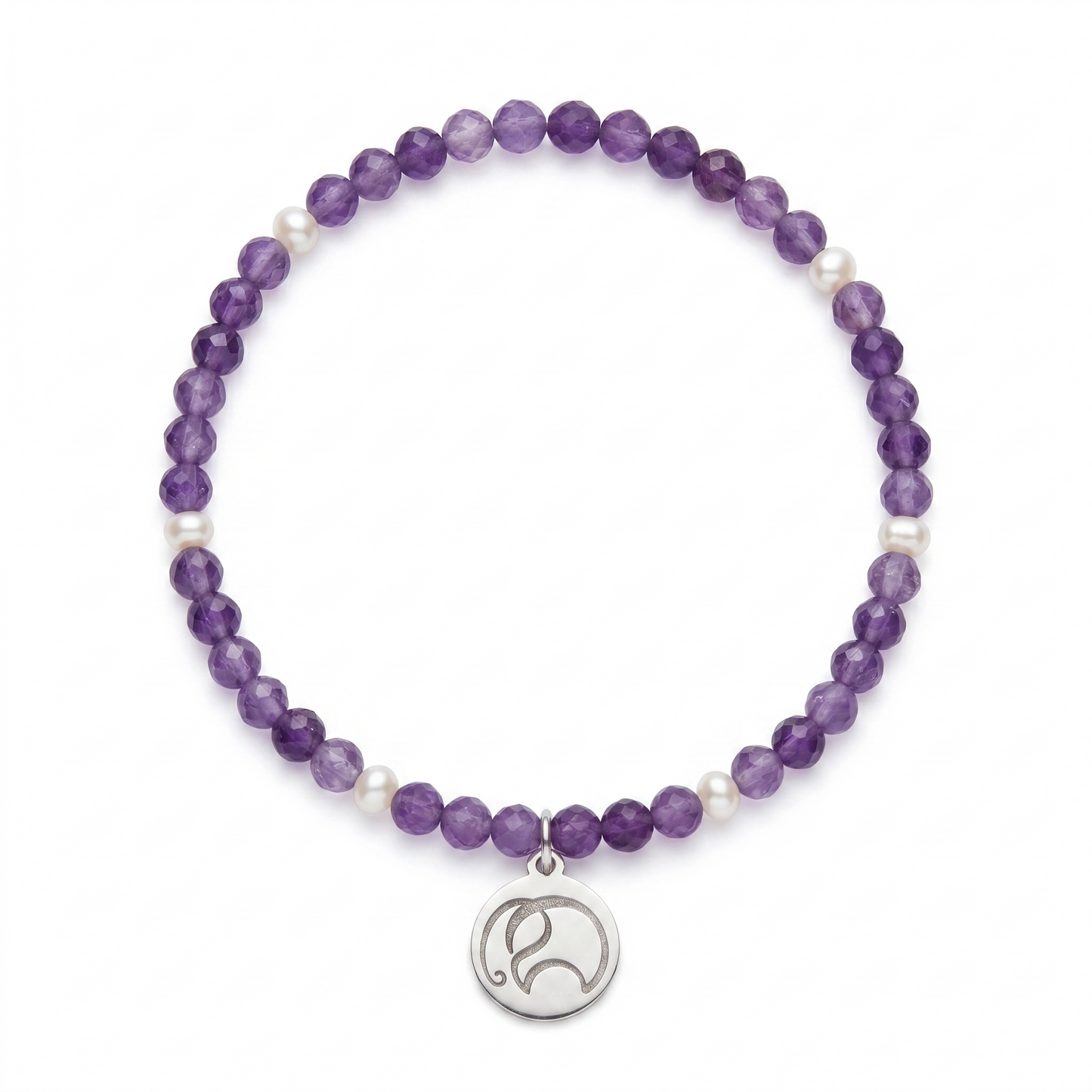 Mala Armband Geburtsmonat Februar mit Amethyst und Süßwasserperlen, silberner PRADIYA-Elefant, handgefertigt in Indien – Erlös schenkt einem Kind in Nepal ein Paar Schuhe
