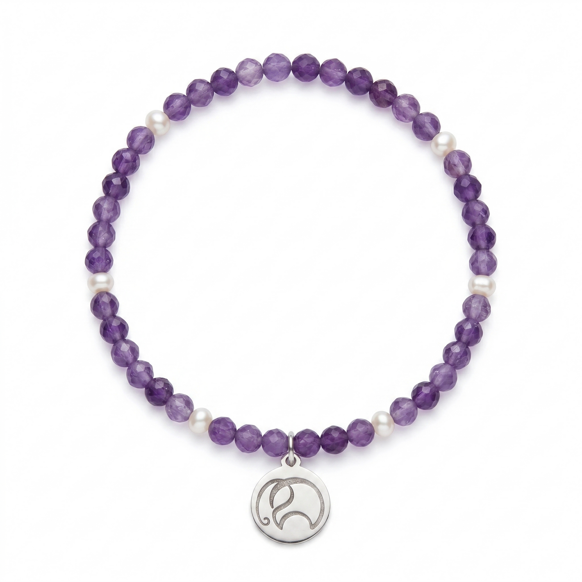 Mala Armband Geburtsmonat Februar mit Amethyst und Süßwasserperlen, silberner PRADIYA-Elefant, handgefertigt in Indien – Erlös schenkt einem Kind in Nepal ein Paar Schuhe