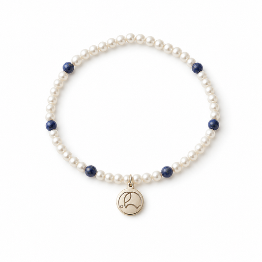 Mala Armband Geburtsmonat Juni mit Süßwasserperlen, tiefblauem Lapislazuli  und silbernem PRADIYA-Elefanten-Anhänger – handgefertigt in Indien