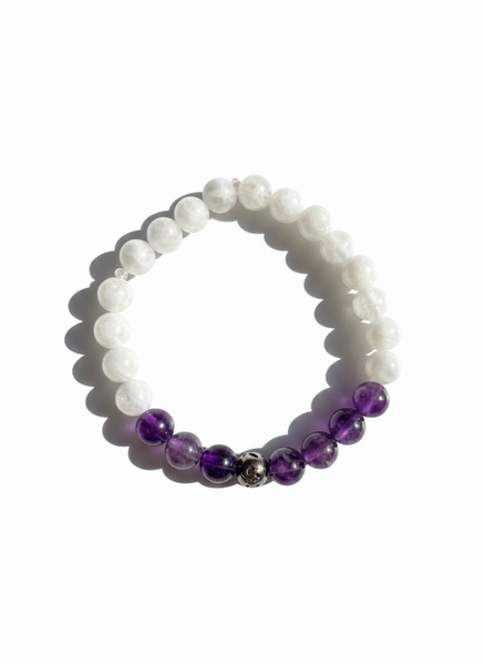 Intuition & Sanftmut – Mala-Armband aus Amethyst & Mondstein