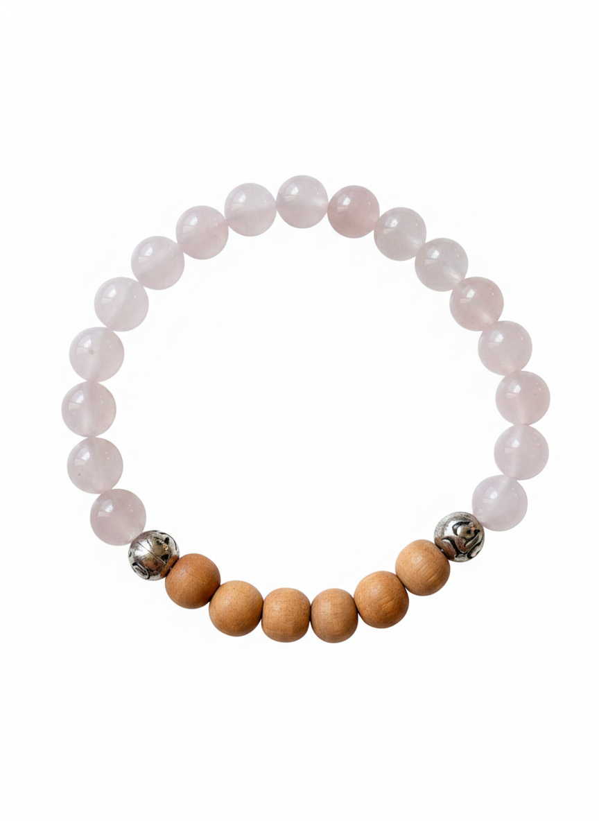 Blossom of compassion - Mala Armband: Rosenquartz und Sandelholz