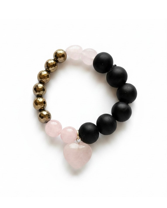 Mala Armband Rosenquarz Goldpyrit Ebenholz – Herz & Stärke