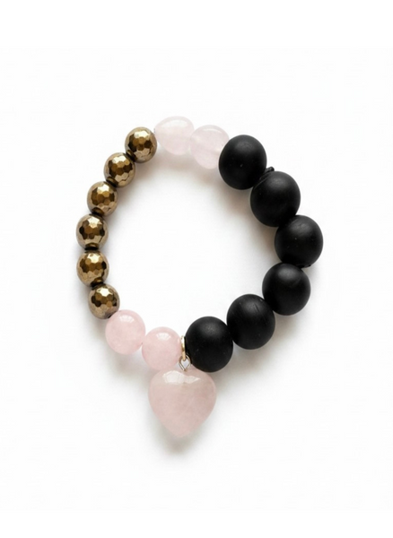 Mala Armband Rosenquarz Goldpyrit Ebenholz – Herz & Stärke