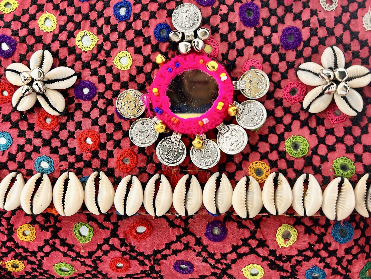 Boho Queen – Pink upcycled handbag with embroidery, mirrors &amp; cowrie shells